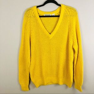Large bright yellow oversized v neck knitted sweater by Workshop womens Medium